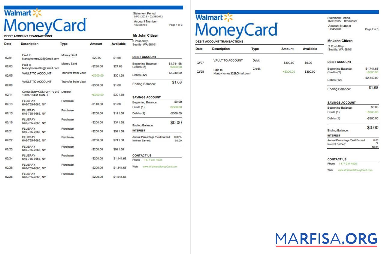 Downloadable USA Walmart MoneyCard bank statement word 3 pages sample